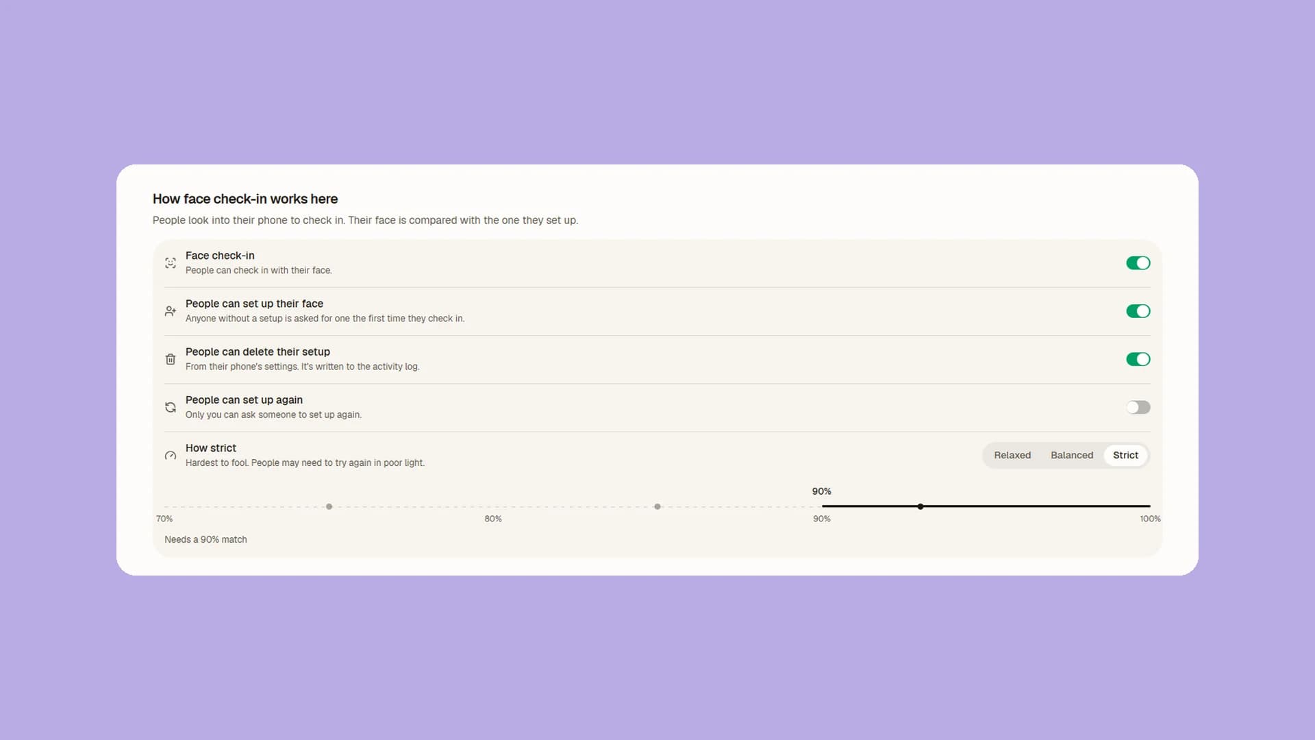 Face check-in settings: who can set up a face, and how strict the match is.