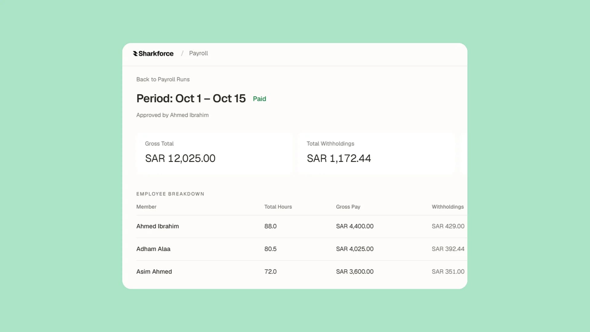 A pay run: its period, its totals and each person's pay.