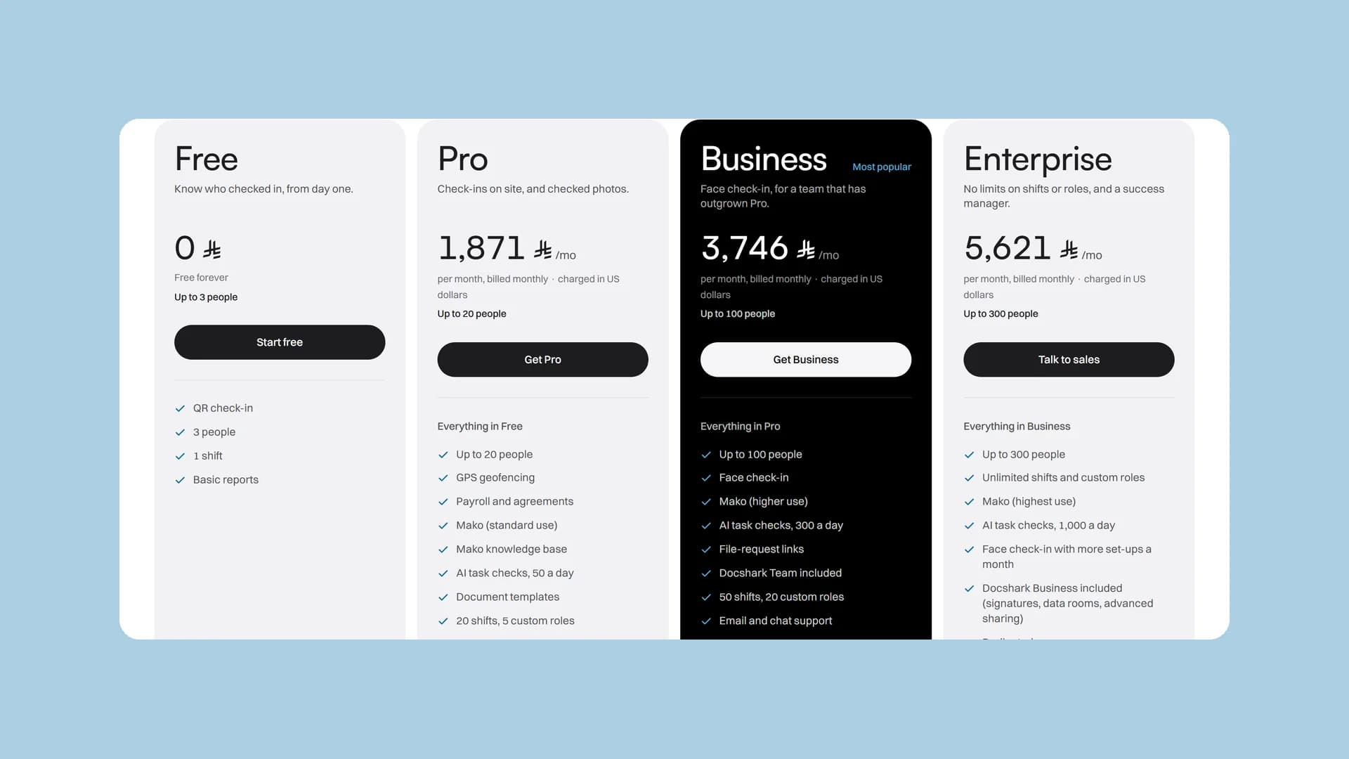 The plans, from Free to Enterprise.