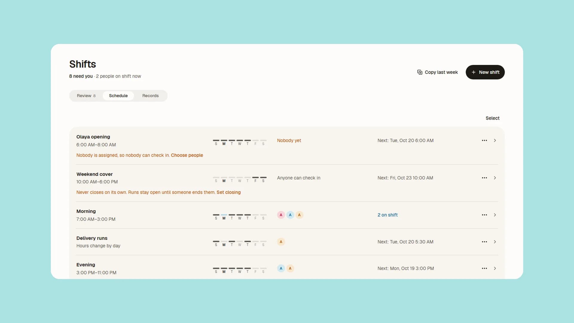 The Shifts page, on Schedule: each shift with its days, its people and what needs you.