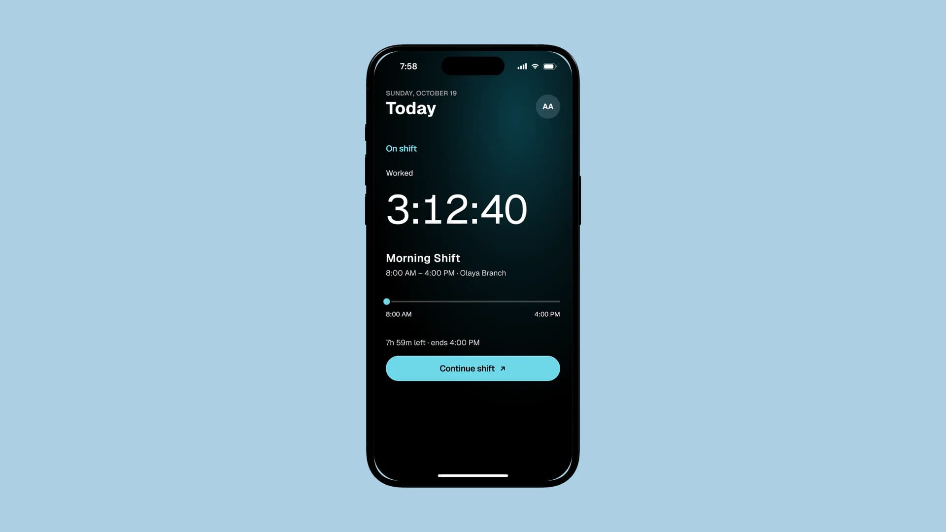 A worker's shift in progress, the same on the web and the phone.