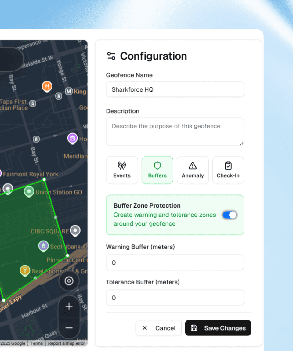Geofence configuration — buffer zones and event settings