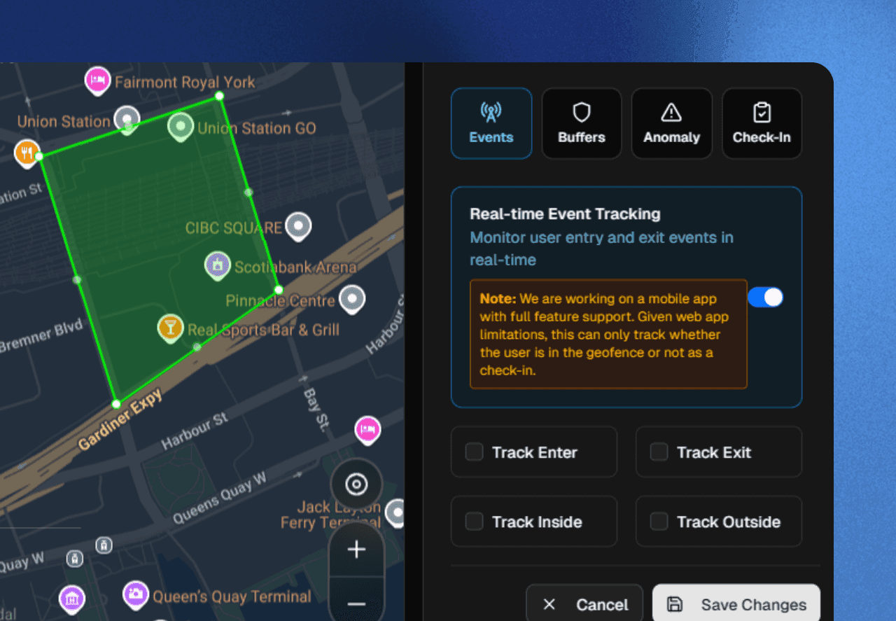Real-time event tracking — entry, exit, inside, outside