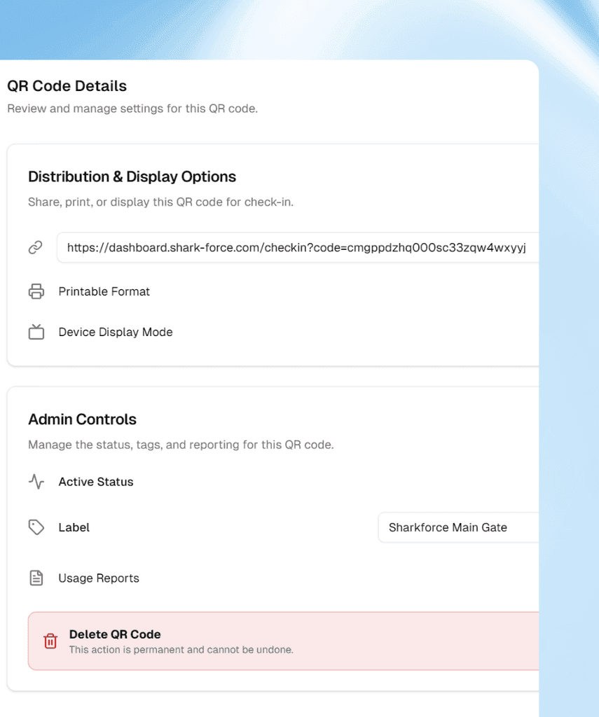 QR Code Details — admin controls and distribution options