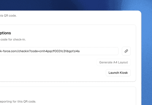 QR distribution panel — shareable link and kiosk launch